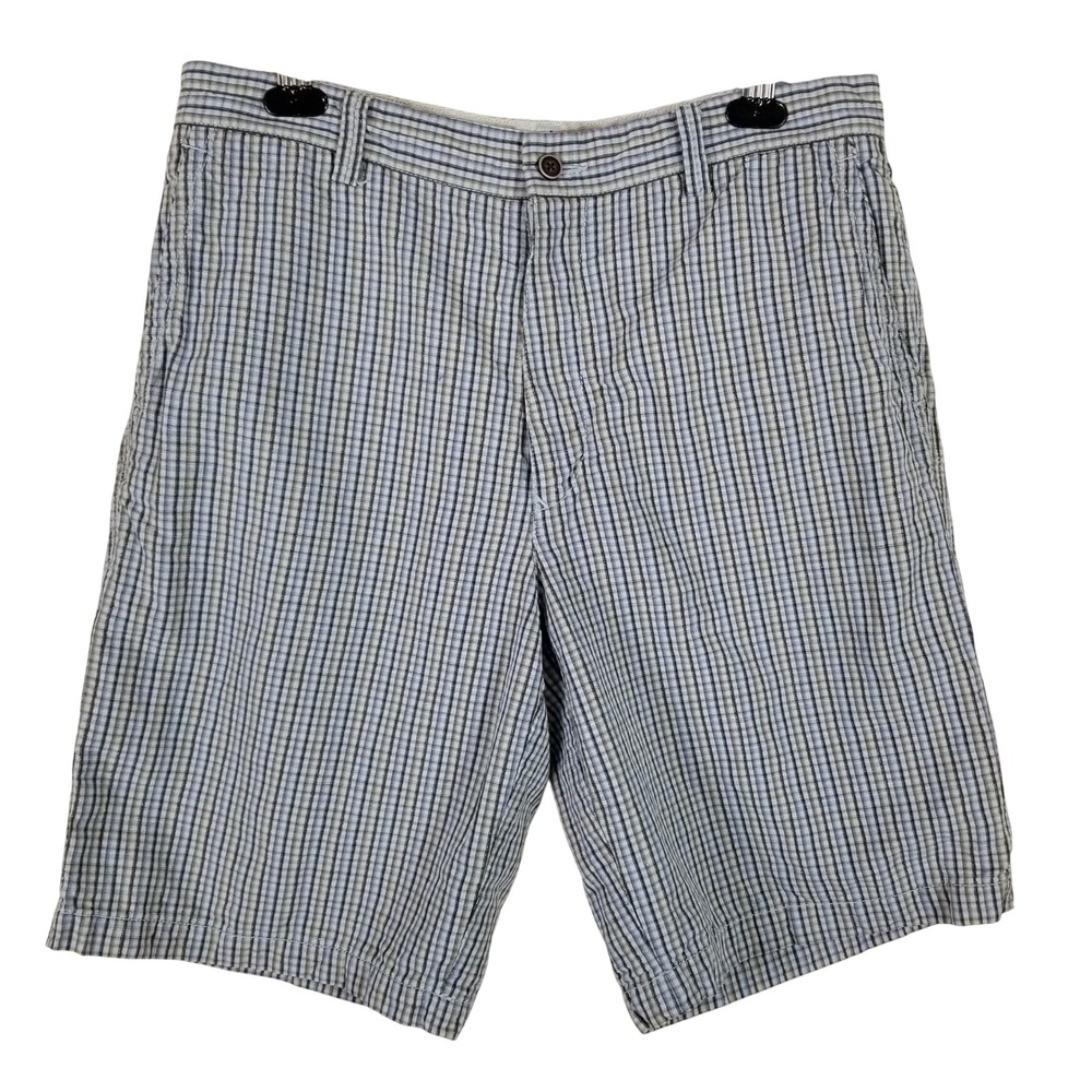 Tommy Bahama Mens 34 Plaid Shorts Blue Tan Linen Silk Cotton Blend Flat Front